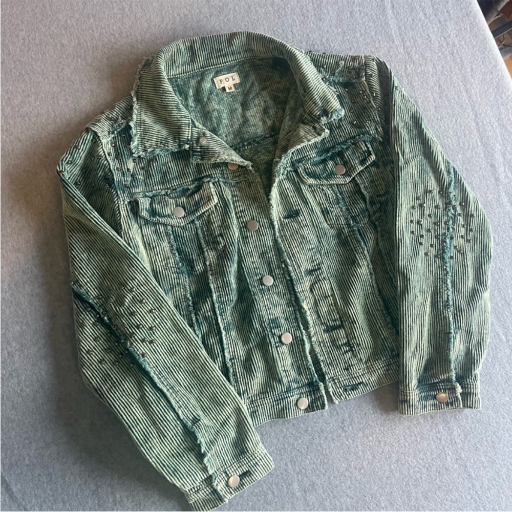 POL Green Corduroy Jacket Distressed blinged out